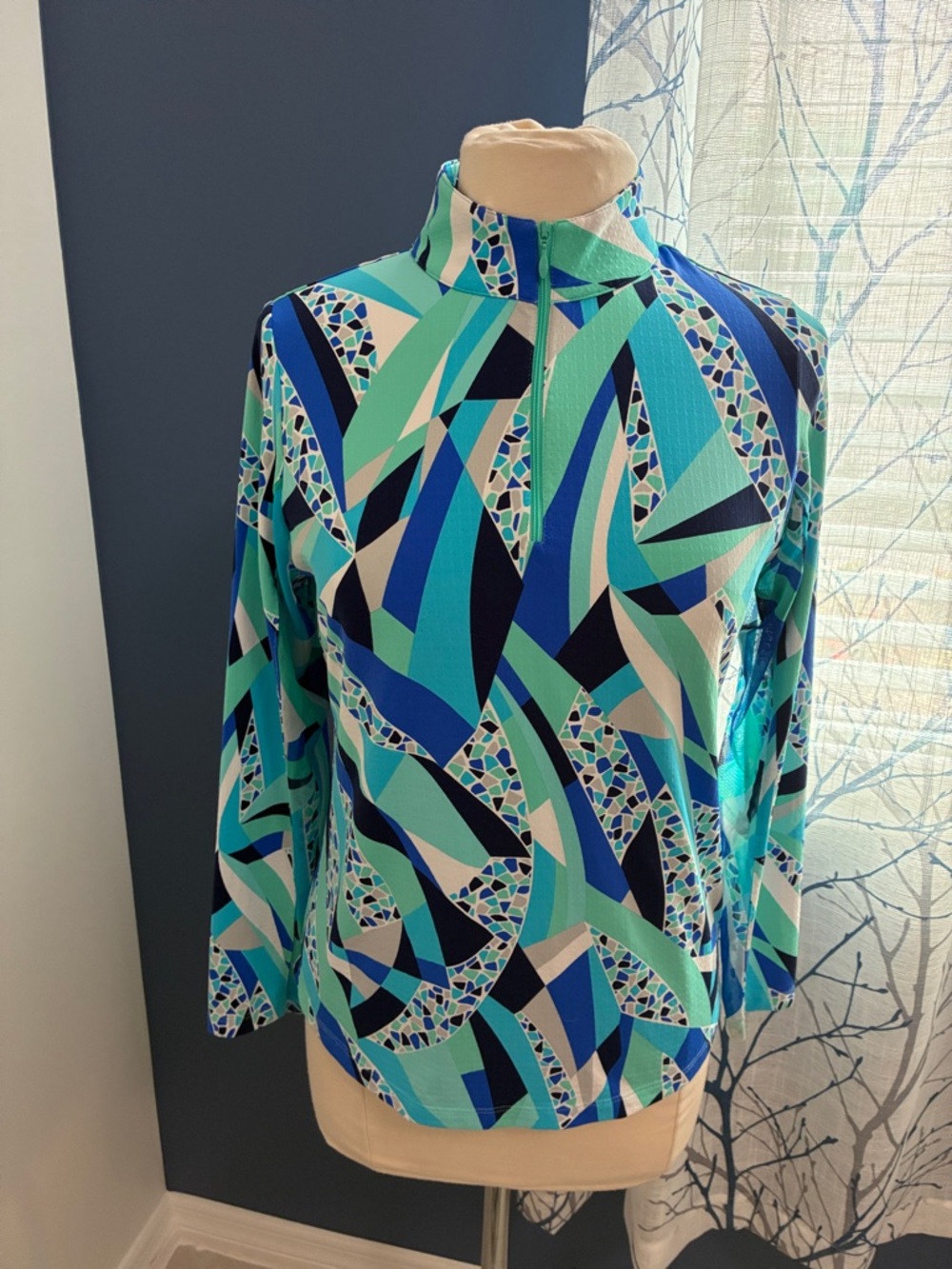IBKUL Abstract Print Zip-Neck Top in Teal & Blue